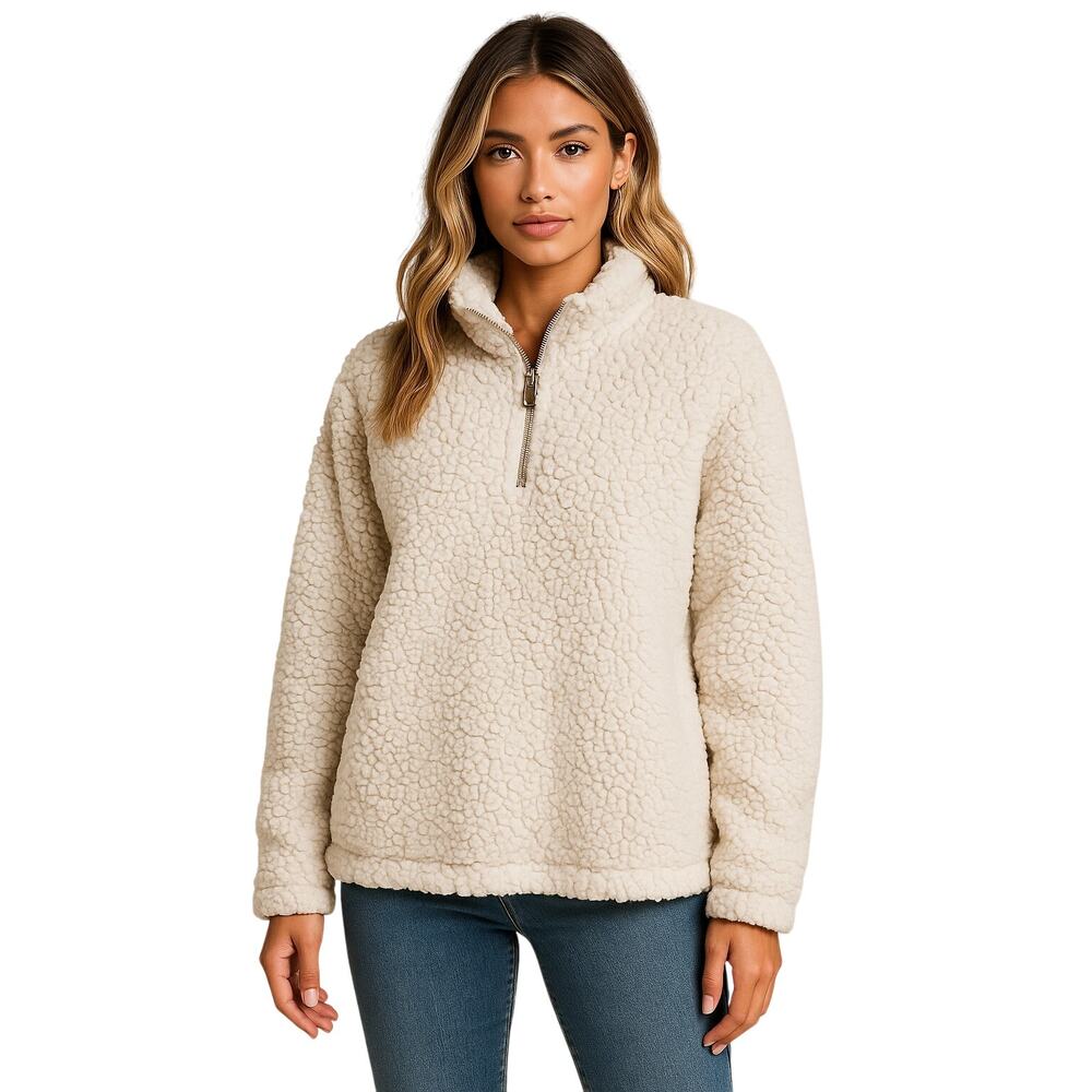 Cozy Sherpa Pullover Quarter Zip Popover in Ecru EUC Size Large
